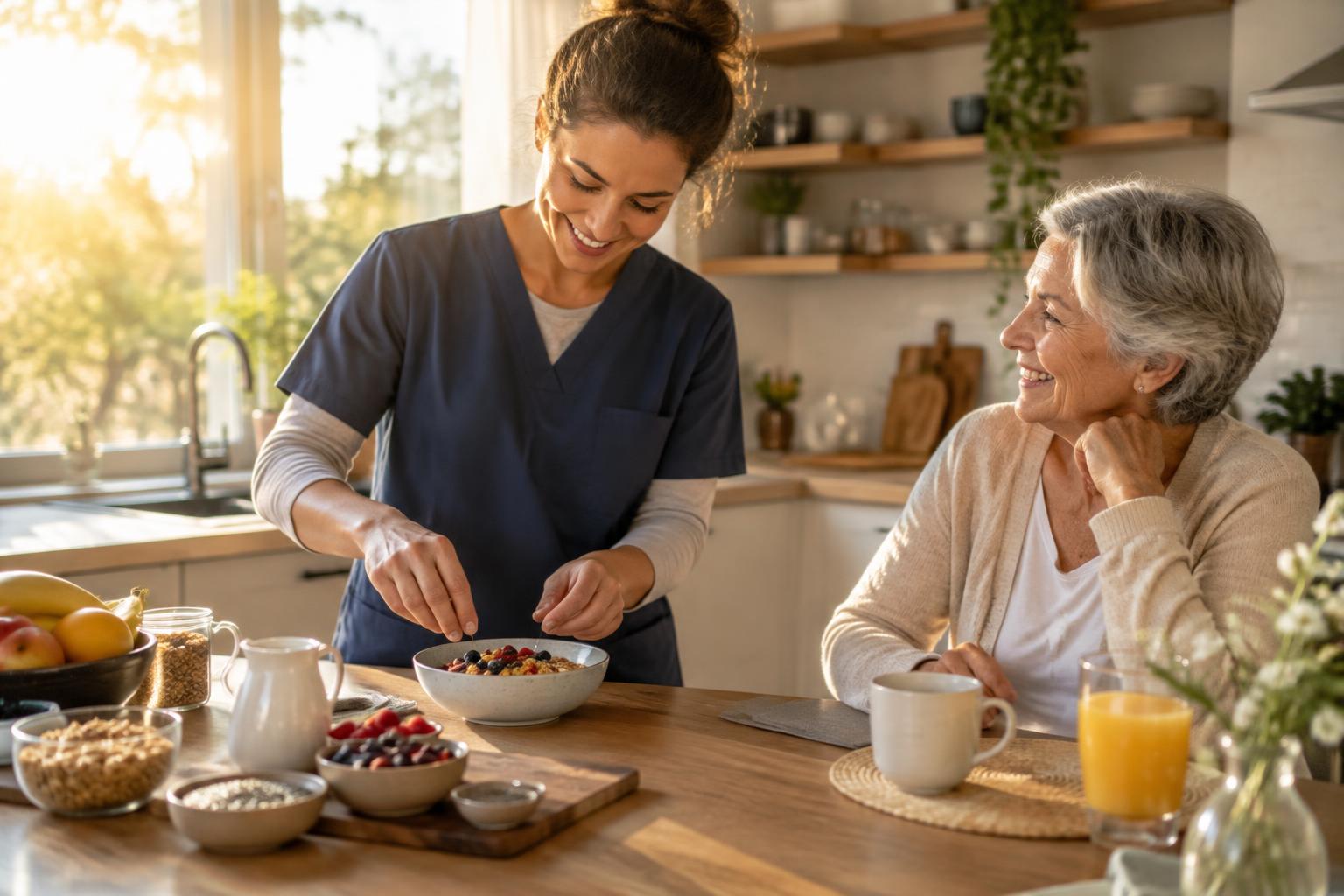 A caregiver preparing breakfast beside a smiling older woman in a sunlit kitchen