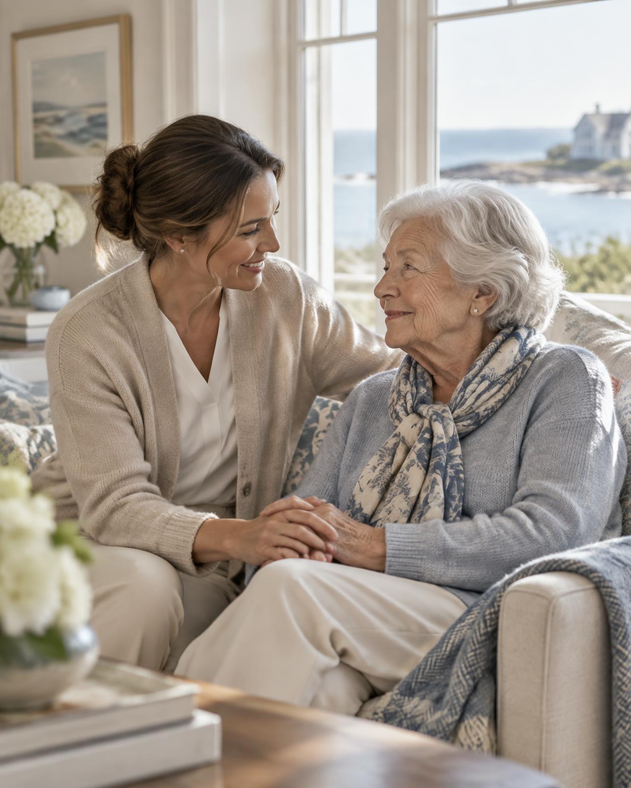 A caregiver gently holding the hand of an older woman as they sit together by the window