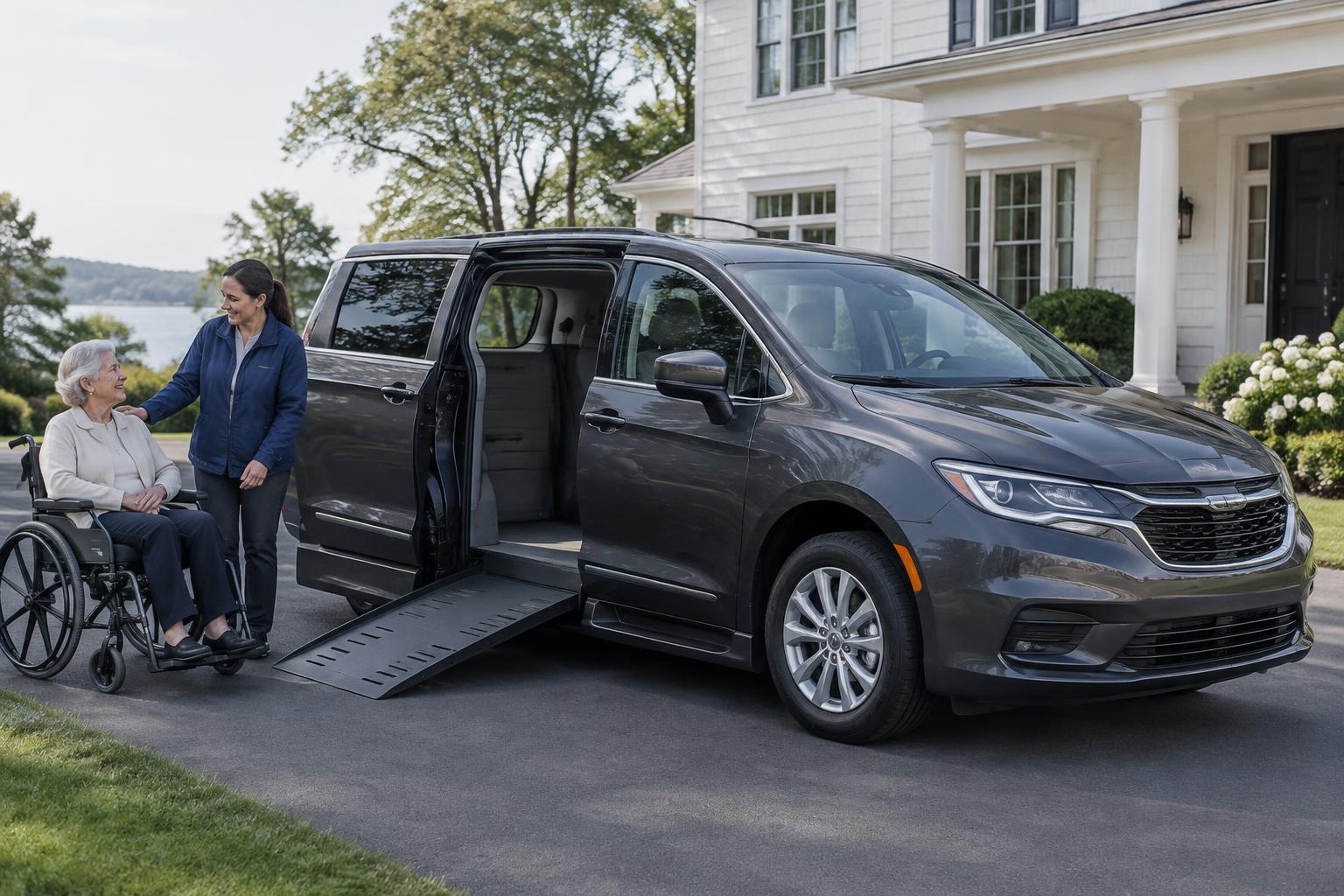 Illustration of a wheelchair accessible van with its ramp open beside a caregiver and an older adult